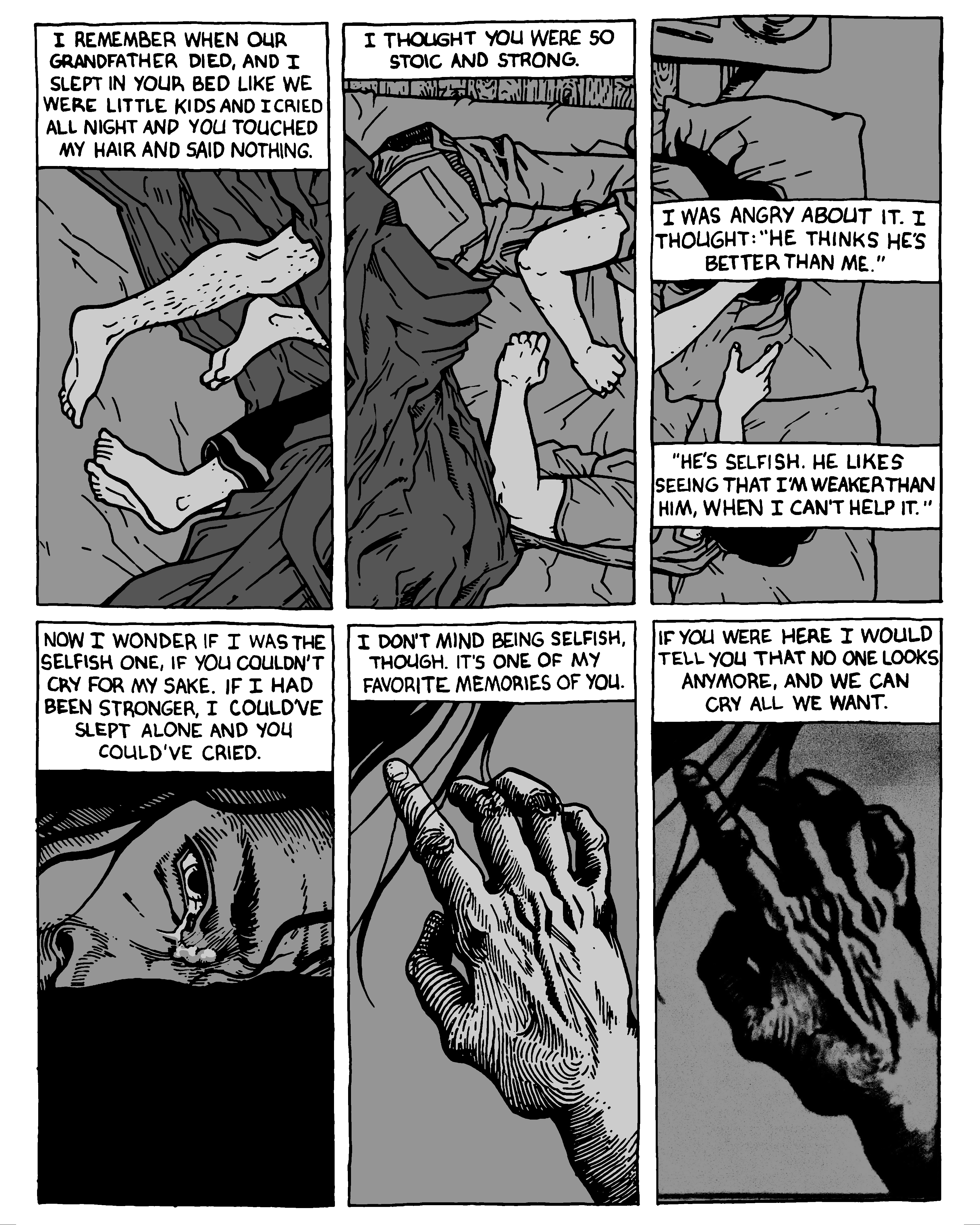 A six panel sequence depicting two siblings in bed with their faces covered by text, with a close up on an eye and a hand stroking hair.